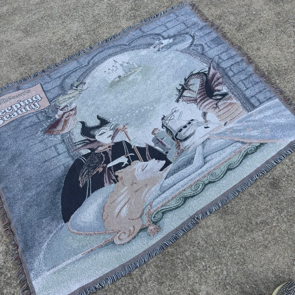 Vintage 90s Disney Sleeping Beauty Woven Fringe Tapestry Throw Blanket Blue